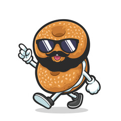 Walking Bagel Mascot Design with Shades and Beard Walking