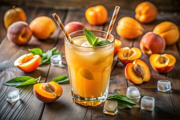 Fototapeta premium Tall glass of peach juice garnished with mint on rustic wooden table