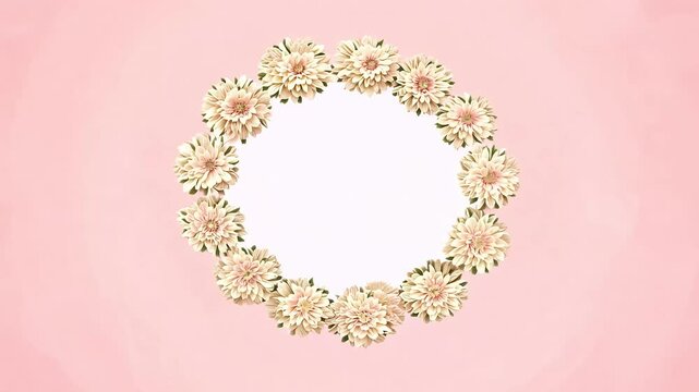 4K animation features white chrysanthemum flowers formingcircular floral frame creatingbeautiful template holiday greeting cards design projects copy space center round circle pink mother