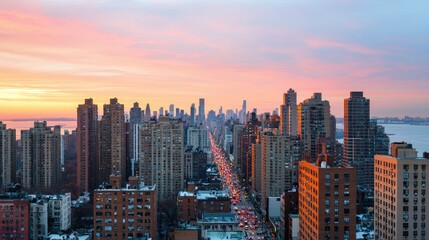 Obraz premium A stunning city skyline at sunset, showcasing tall buildings with vibrant colors filling the sky, reflecting a busy urban life.