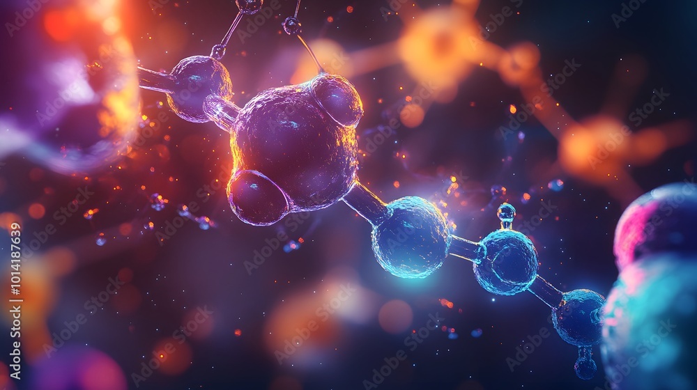 Poster 3d render of a molecular structure with glowing spheres and lines
