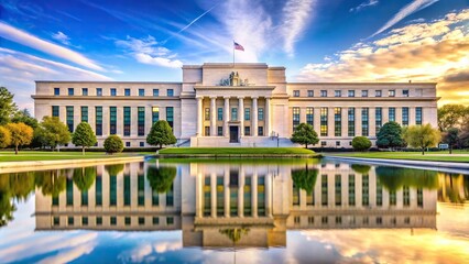 Fototapeta premium The Federal Reserve Building in Washington DC reflected in a nearby pond, architectural landmark, United States, tourism, banking, outdoors, downtown, skyline, pond, financial institution