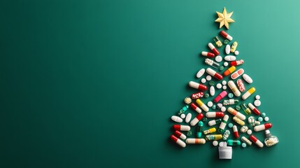 Creative holiday tree design made from colorful medicine bottles and pills set against a rich green background for festive celebrations