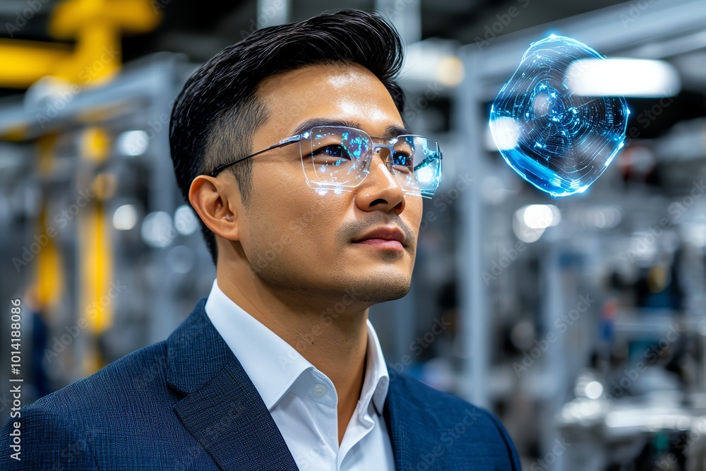 Poster business executive using augmented reality to inspect products, with holographic data floating aroun