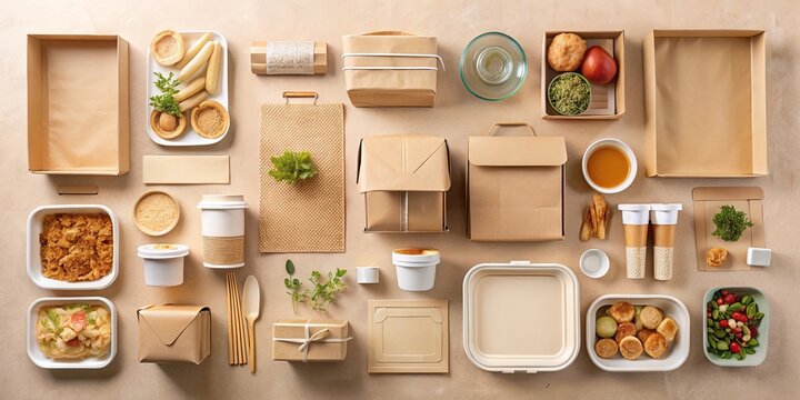 An arrangement of various containers, boxes, and bowls with a hint of greenery, showcasing the beauty of simplicity in packaging design.