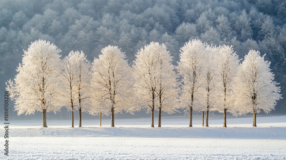 Poster a row of frost-covered trees stand tall against a snowy field with a misty, forested backdrop.