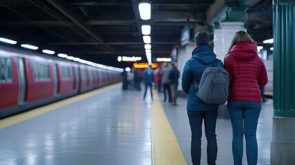Fototapeta premium Two people stand at a train station platform, waiting for the train, with a red train in the background and modern station lighting above.