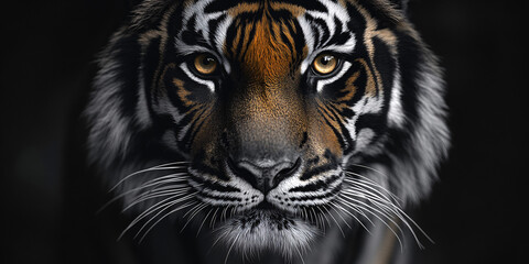 close up of tiger's face - wild cat portrait with orange and black stripes - dark background - sharp focus - detailed fur -  intense look - animal wildlife photography
