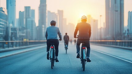 Two cyclists ride towards a sunset, silhouetted against a modern city skyline, capturing a moment of serenity amidst urban life.