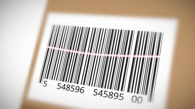 Scan Cardboard Box With Barcode closeup Scanning with Red Line laser on white background. 3d Perspective view. 

