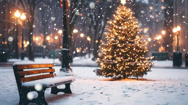Christmas tree in snowy city during Xmas Eve snowfall, snow-covered bench in winter scene