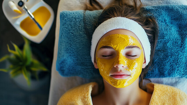 Top view of girl using turmeric face mask at salon