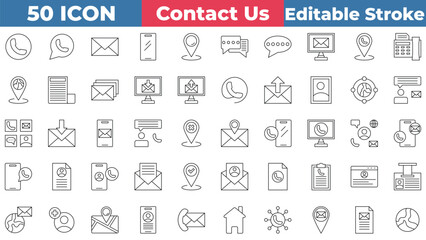 Contact us icon collection set. Containing Email, Chatting, Location Pin, Smartphone, Calendar, Computer And More. Editable stroke outline icon.