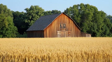 Obraz premium A rustic wooden barn stands tall amidst a golden field of wheat, surrounded by a lush green forest, under a clear blue sky.