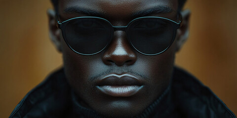 Fototapeta premium closeup portrait of a black man wearing sunglasses and a leather jacket - moody, serious, intense look, urban, style, fashion