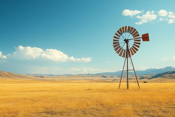 A rusty windmill stands tall in a field of golden wheat, with a backdrop of blue sky and distant mountains.