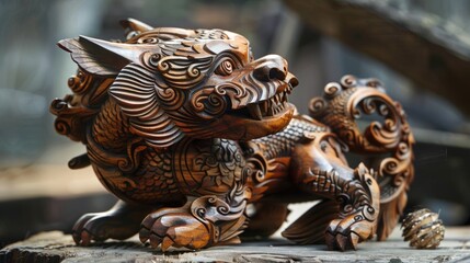 Fototapeta premium Elaborately Carved Mythological Wood Sculpture of a Fantastical Dragon like Creature