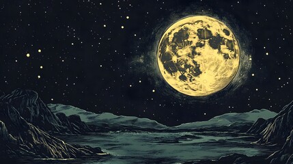 A Large Full Moon Over A Mountainous Landscape At Night