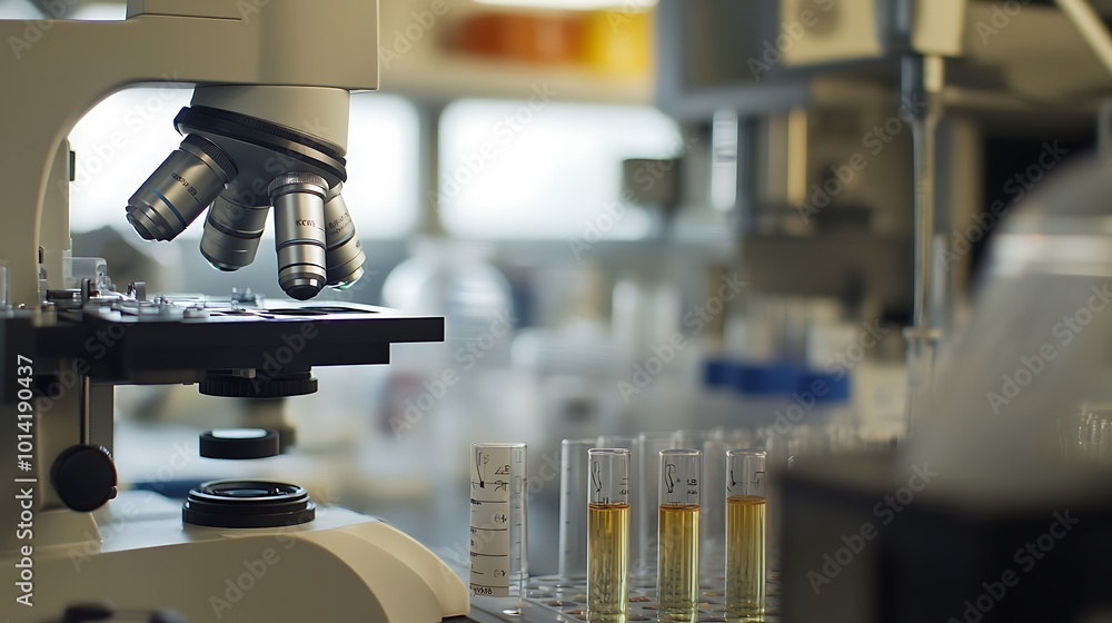 Poster a microscope and test tubes in a laboratory setting