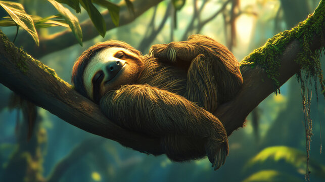 A sloth hanging lazily from a tree branch in the rainforest