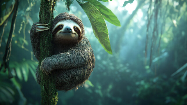 A sloth hanging lazily from a tree branch in the rainforest