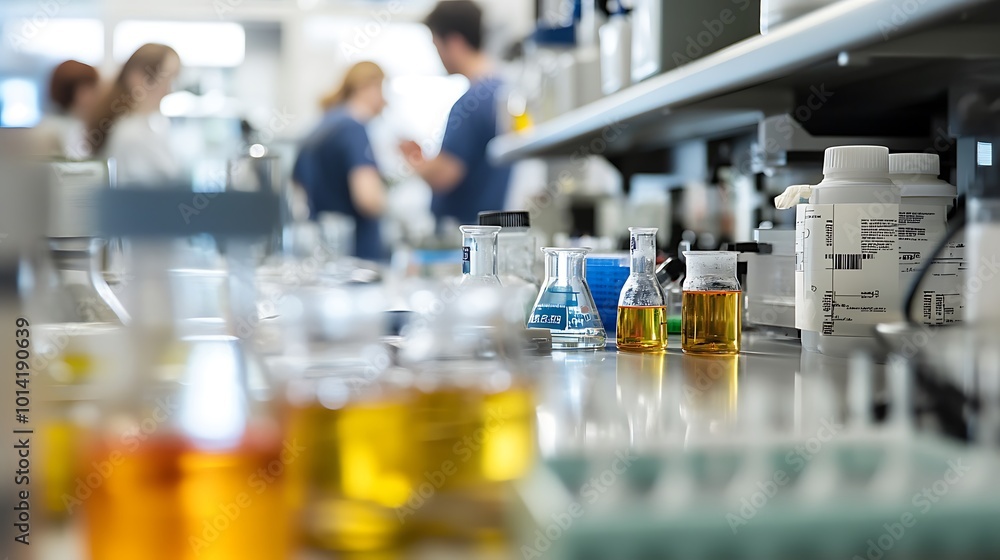 Poster chemical flasks and bottles on a lab table