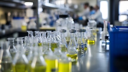 Close-up of Chemical Flasks in a Laboratory Setting