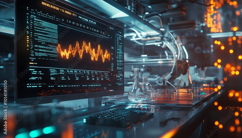 Poster futuristic laboratory workstation with data and labware