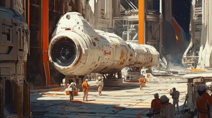 Naklejka premium Spaceship in a Futuristic City
