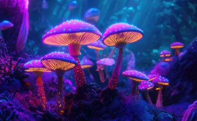 Glowing purple and blue mushrooms with a mystical and magical aesthetic in a dark forest.
