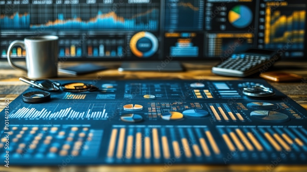 Poster data visualization and analysis tools on a wooden desk.