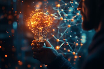 A businessman holding a light bulb with a hologram of a digital brain and an atomic molecule structure in the background,