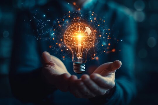 A businessman holding a light bulb with a hologram of a digital brain and an atomic molecule structure in the background,