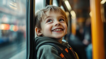Smiling boy looking out the train window