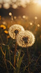 Field of grass and dandelions bathed in soft, warm light, no people present.