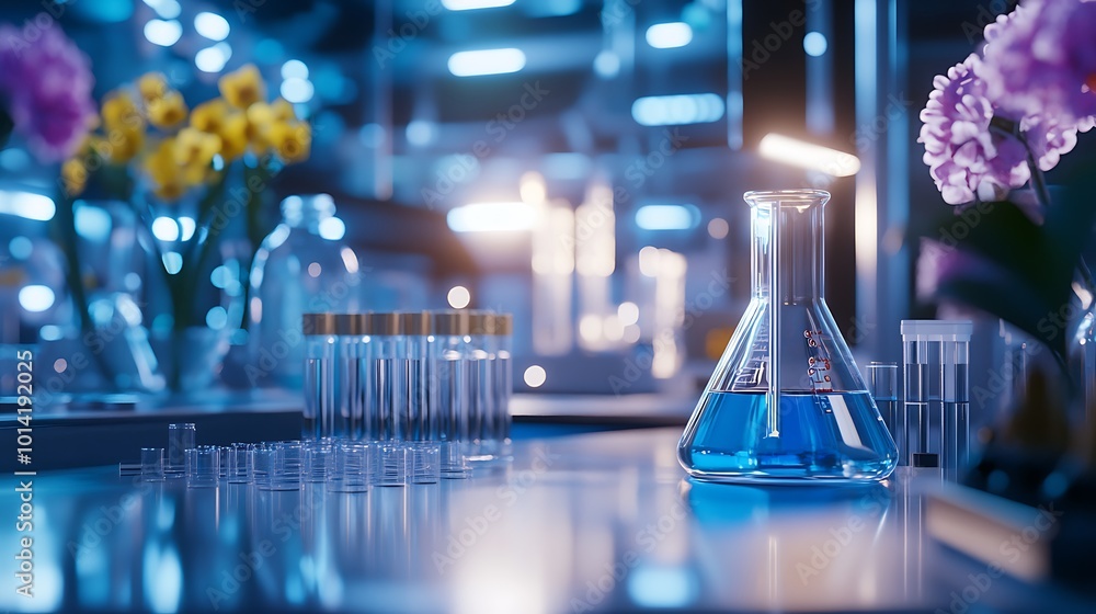 Aufkleber blue liquid in flask on lab table with test tubes and flowers in background