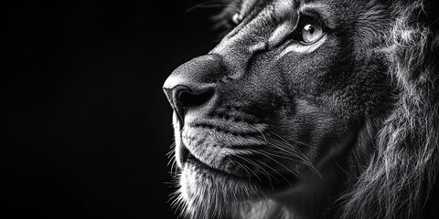 black and white lion close up portrait looking away with a serious expression © MacAttack Creations