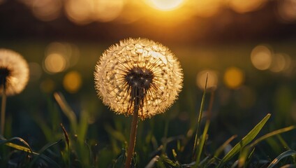 Field with dandelions at sunset, golden light illuminating fluffy seed heads.