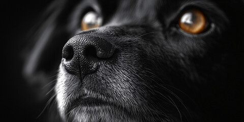 black and white dog close up portrait with focus on nose and eye