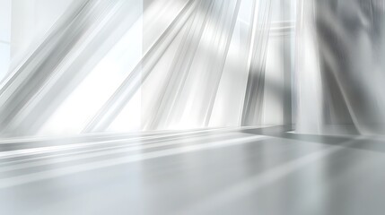 Abstract white room with large windows and bright sunlight streaming through, creating a bright and airy atmosphere.