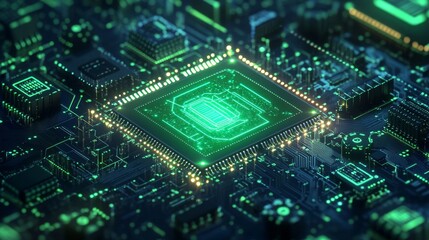 Abstract digital technology background. Isometric AI chip with AI hologram with circuit tech bg.