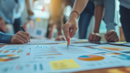 Fototapeta premium Team Collaboration During Business Meeting With Charts and Papers