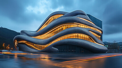 A sleek building with a dynamic facade that changes with light