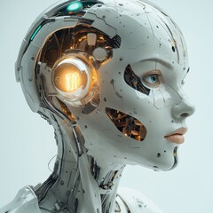 Fototapeta premium artificial intelligence robot head holding light bulb, white background,