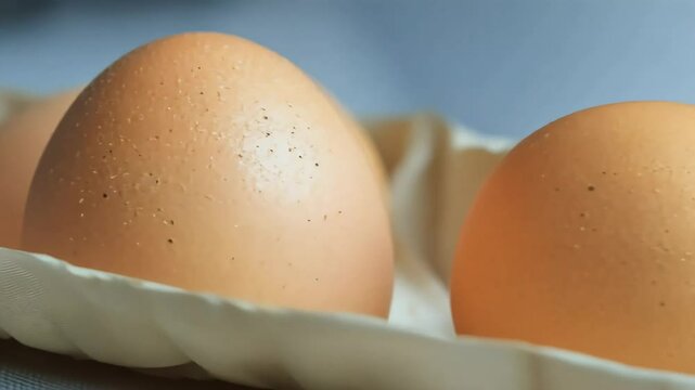 Fresh eggs beautifully arranged inpaper tray pristine lls glistening soft light capturing intricate textures nature&rsquo;s produce incaptivating 4K video egg chicken food macro footage texture closeup