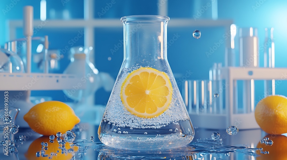 Aufkleber a lemon wedge in a beaker of water with bubbles in a lab setting
