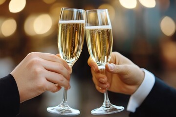 Colleagues clink champagne glasses, toasting a successful business deal.
