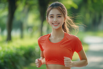 Fototapeta premium A full-length photograph of a young Chinese woman jogging in a park.