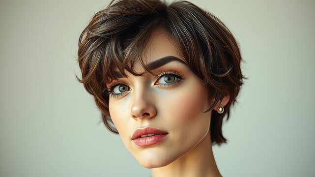 A curly, short, brown eyebrow frame defines the edges of a ravishing brunette hairstyle, rich with texture and