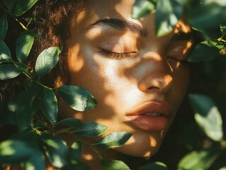 Close-up portrait of a young woman with closed eyes surrounded by green leaves and sunlight.